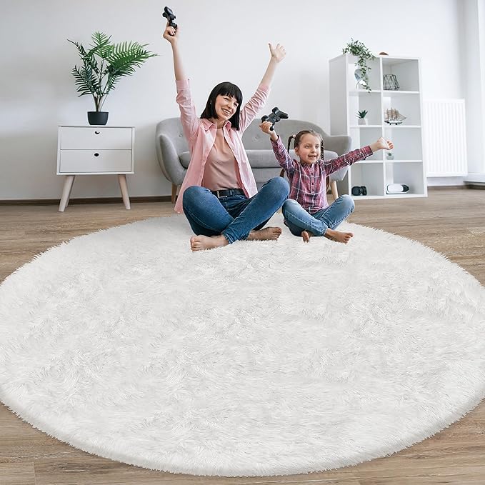 8 ft Round Fluffy Large White Rug for bedroom,Tie Dyed Furry Round Carpet Non Slip Fuzzy Shaggy Plush Circle Big Area Rug for living room Room Nursery Room Playroom Kids Room Home Decor Washable