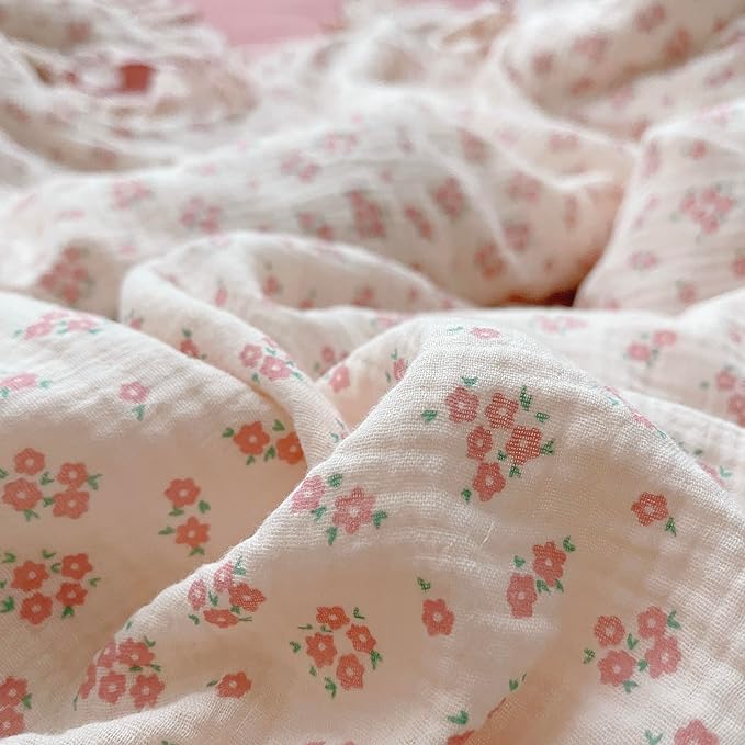 AOJIM Baby Muslin Duvet Cover with Pink Floral Patterns, 1pc Pure Cotton Kids Bedding Comforter Cover 2-layer Gauze 47X59'', Ruffled Design Baby Duvet Protector for Girls Boys, No Quilt or Pillowcases