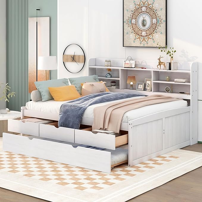 Harper & Bright Designs Full Size Captain Bed with Built-in Bookshelves/3 Storage Drawers/Trundle, Wooden Full Daybed Bed Frame for Kids Teens Dorm Bedroom Multipurpose Guest Room, White Wash
