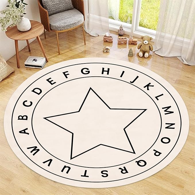 ABC Round Children's Rug,5ft,Children's Educational Learning Area Rug, Cartoon Star Print Soft and Fluffy Rug, Suitable for Nursery, Classroom, Playroom Boys and Girls Bedroom Game Decoration