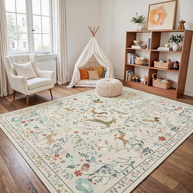 5x7 Area Rugs for Living Room Floral Animal Print Carpet Washable Non-Slip Large Rug Low Pile for Indoor Bedroom Dining Room Nursery Home Office Farmhouse Kids Play Room Beige