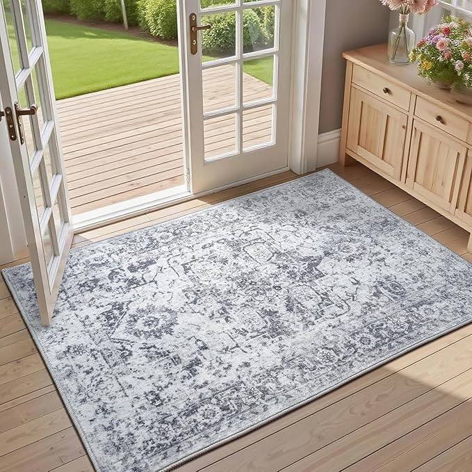 Area Rug 2x3, Washable Rug for Entryway Indoor, Small Area Rug for Living Room Entrance, Vintage Rug for Bedroom Doormat, Non Slip Soft Low Pile Carpet for Kitchen, Hallway, Office, Grey