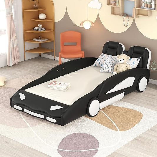 Ball & Cast Twin Size Race Car Shaped Platform Bed with Wheels,Wood Low Floor Bed Frame w/Rails & Headboard,Slat Support,No Box Spring Needed,for Apartment,Dorm,Black