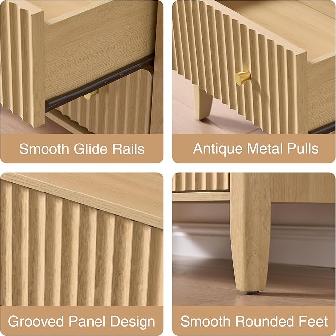 Fluted Nightstand with Charging Station Set of 2, 27.3" Wide Modern Bedside Table with 2 Drawers & Open Shelf, Large Wood End Table with Storage & Metal Handle for Bedroom, Natural Wood