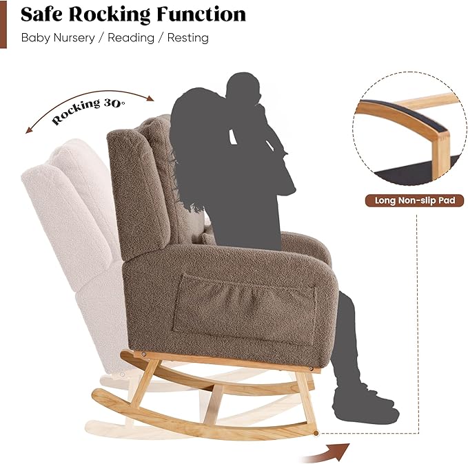 Rocking Chair Nursery,Sherpa Nursing Rocking Chairs, Upholstered Nursery Glider Rocker Wingback Morden Rocking Chair with Lumbar Pillow for Mom Nursery, Living Room, Bedroom, Teddy Coffee