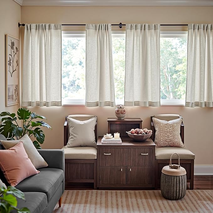 jinchan Oat Linen Blend Curtains 63 inch Length 2 Panels for Bedroom Living Room, Semi Sheer 50 inch Wide Farmhouse Cottage Core Style Drapes with Rod Pocket Back Tab(50W x 63L, Oat)