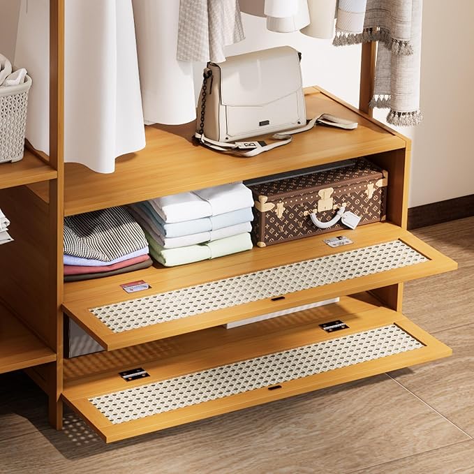 Bamboo Clothes Rack,Garment Rack with Drawers and Shelves,5 Tier Storage Shelves with 6 Hanging Hooks,Wardrobe Closet for Entryway Guestroom Kids Bedroom(39.4inch Width Natural with Rattan Door)