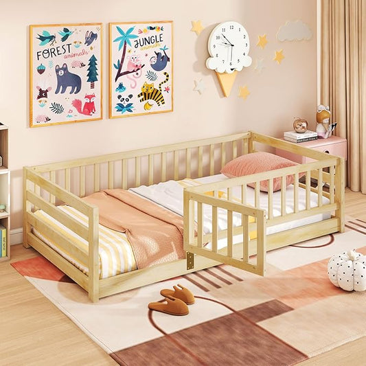 Giantex Twin Floor Bed with High Fence & Door, Montessori Floor Bed with 21.5" Safety Guardrails, Solid Wood Twin Beds Frame for Kids Girls, Boys, Without Slats, Natural