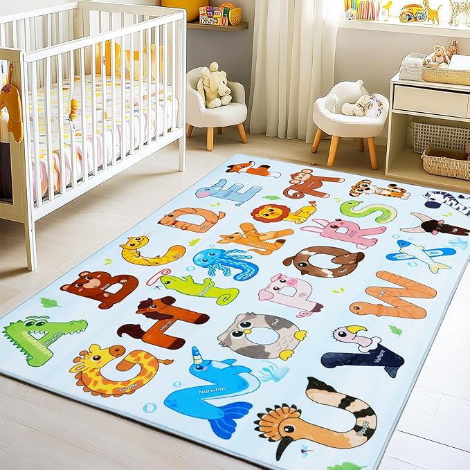 Kids Rugs for Playroom, 3x4 Feet Educational Rug for Learn The ABC Alphabet, Soft Machine Washable Non-Slip Cute Animal Carpet for Classroom Toddler Nursery Kids Room Decor Mat, Blue