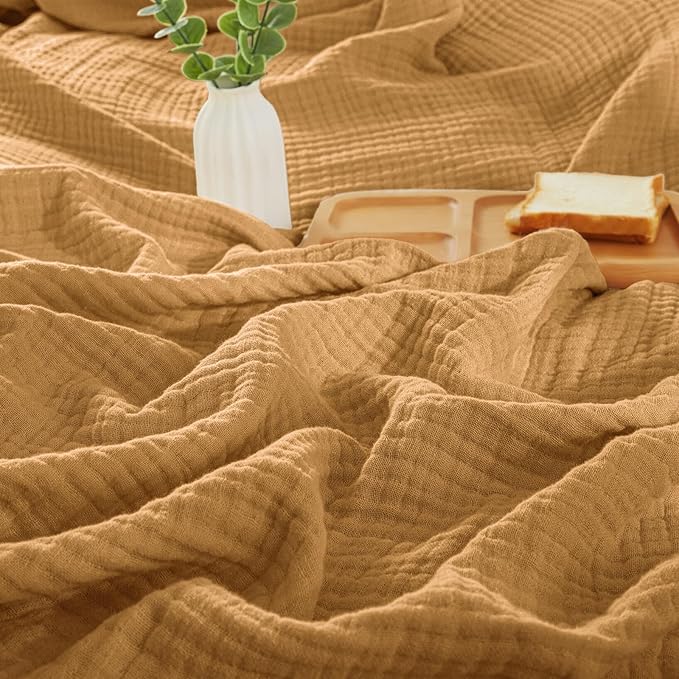 PHF 100% Cotton Muslin Blanket Queen Size 90"x90", 4-Layer Lightweight Gauze Throw, Breathable Cloud-Soft Minimalist Blanket for Bed, Couch, Camping & Baby, Amber, Ideal Gift