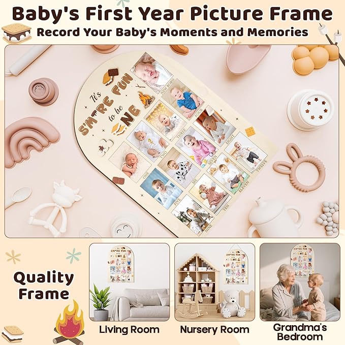 R HORSE My First Year Photo Display Wood Board - 3D S'mores Baby's First Year Picture Frame, 12 Months Camping Campfire Milestone Board Baby Keepsake Gift 1st Birthday Nursery Decor for Boy Girl