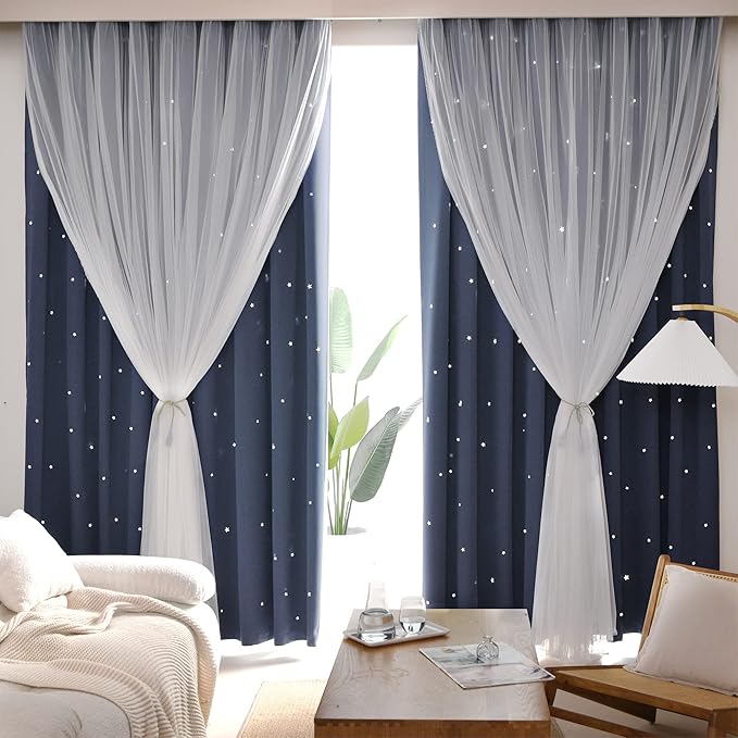Kinryb Kids Blackout Curtains for Bedroom/Living Room/Classroom, Sheer Overlay 2 Free Tiebacks, Double Layer Curtains with Star Cutout for Kids Room(Each Piece W70xL72 Inches 2 Pcs Stone Blue)