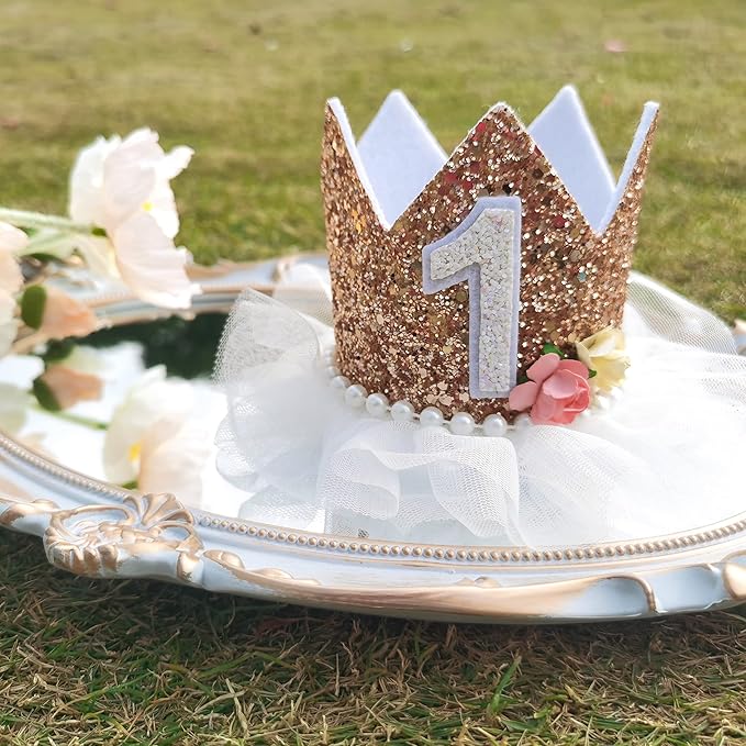Crown for Girls' First Birthday, Rose Gold 1st Birthday Hat, Flower Tutu Crown, Cake Smash Props, Decorations for Girls