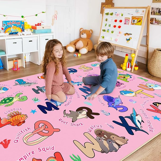 Kids Rug for Playroom, 8x10 Ft Educational Rug for Learn The ABC Alphabet, Soft Machine Washable Non-Slip Cute Marine Organisms Carpet for Classroom Toddler Nursery Kids Room Decor Mat, Pink