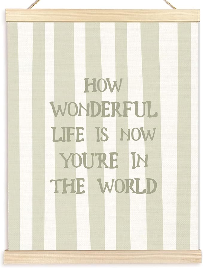 BESERH Sage Green Nursery Wall Art Posters, Nursery Wall Decor, Vintage Striped How Wonderful Life Is Now You're in the World Canvas Prints Artwork Framed Toddler Kids Room, 12x16 Inch