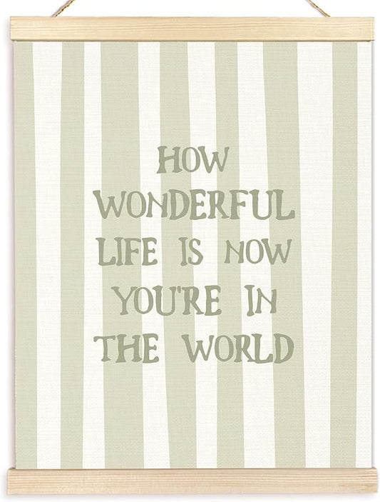 BESERH Sage Green Nursery Wall Art Posters, Nursery Wall Decor, Vintage Striped How Wonderful Life Is Now You're in the World Canvas Prints Artwork Framed Toddler Kids Room, 12x16 Inch