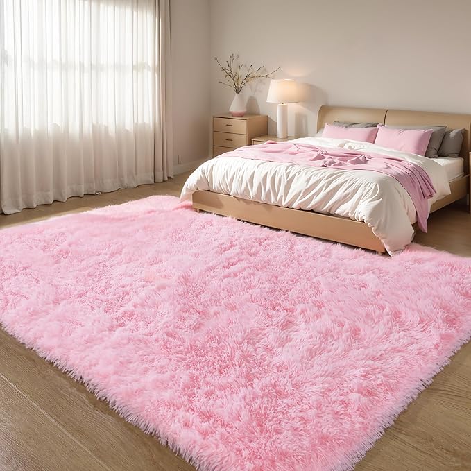 KCHOWUA Pink Fluffy Area Rug for Girls' Bedroom, 5'x8' Machine Washable Plush Pastel Shag Rug, Large Soft Furry Carpet for Living Room, Nursery, Kids' Room, or Dorm Décor