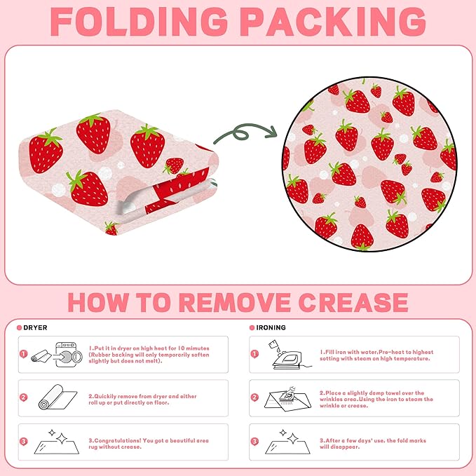 5Ft Strawberry Round Rug Kwaii Pink Circle Rugs for Bedroom Dorm Living Room Cute Area Rug Floor Mat Pad Doormat Carpet, 5'X5'(150X150cm)