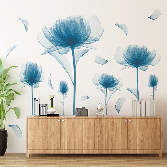 6 PCS Blue Lotus Blossom Floral Wall Stickers Romantic Painting Art Decor Flowers Bud Wall Decals Vinyl Removable Peel and Stick for Living Room Nursery Room Bedroom Office Bathroom Wall Decoration