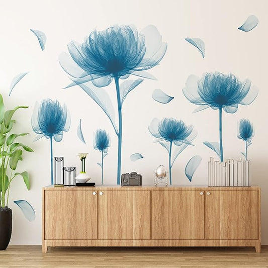 6 PCS Blue Lotus Blossom Floral Wall Stickers Romantic Painting Art Decor Flowers Bud Wall Decals Vinyl Removable Peel and Stick for Living Room Nursery Room Bedroom Office Bathroom Wall Decoration