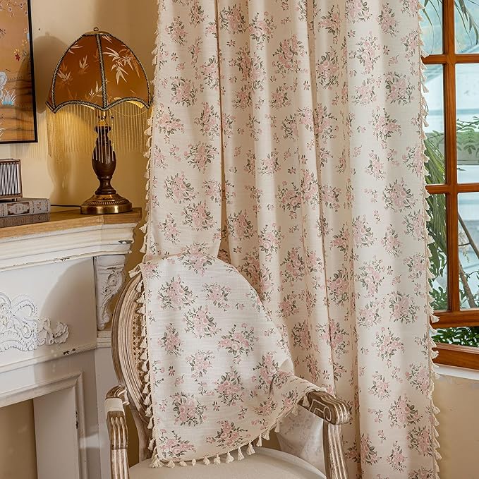 OYX Pink Boho Floral Curtains 63 Inch Long 2panels, French Vintage Farmhouse Patterned Decor Window Drapes with Tassels, Girls Semi-Sheer Light Filtering for Bedroom Living Room (Rod Pocket, 52wx84l)