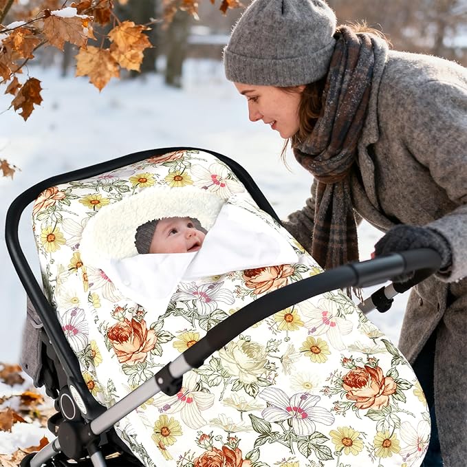 Winter Car Seat Cover for Babies Girl Boy, Super Warm Plush Fleece Infant Carseat Cover for Stroller Car Seat, Double Sides Zipper Winter Car Seat Canopy for Newborn, Yellow Vintage Floral