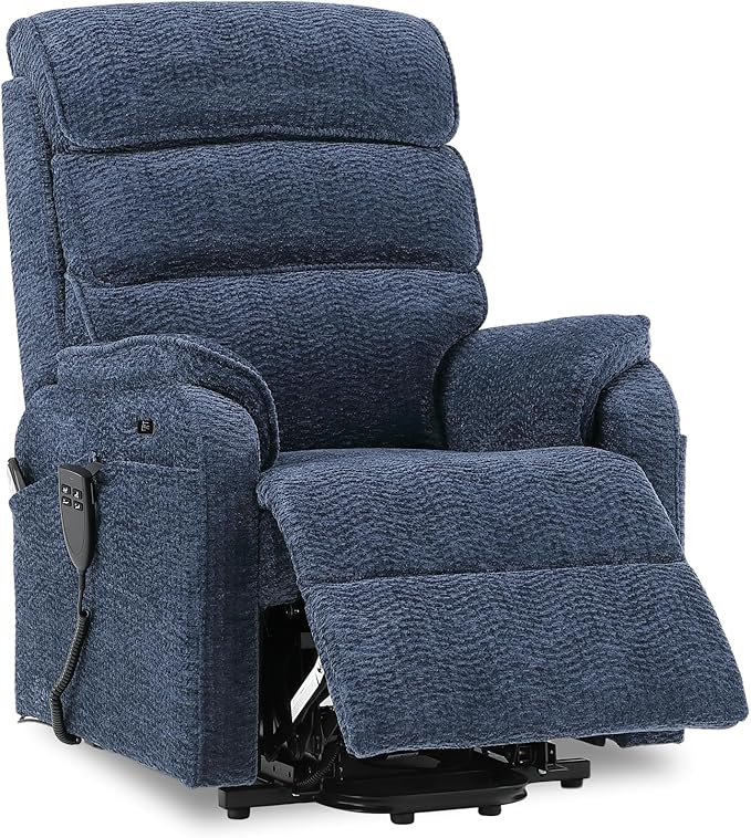 DYNOX 300 LBS Power Lift Recliner Chair for Elderly, Small Size Dual Motor Lay Flat Infinite Positions Recliner with Heat, Massage & USB Charging Port (9188S,Chenille,Blue)