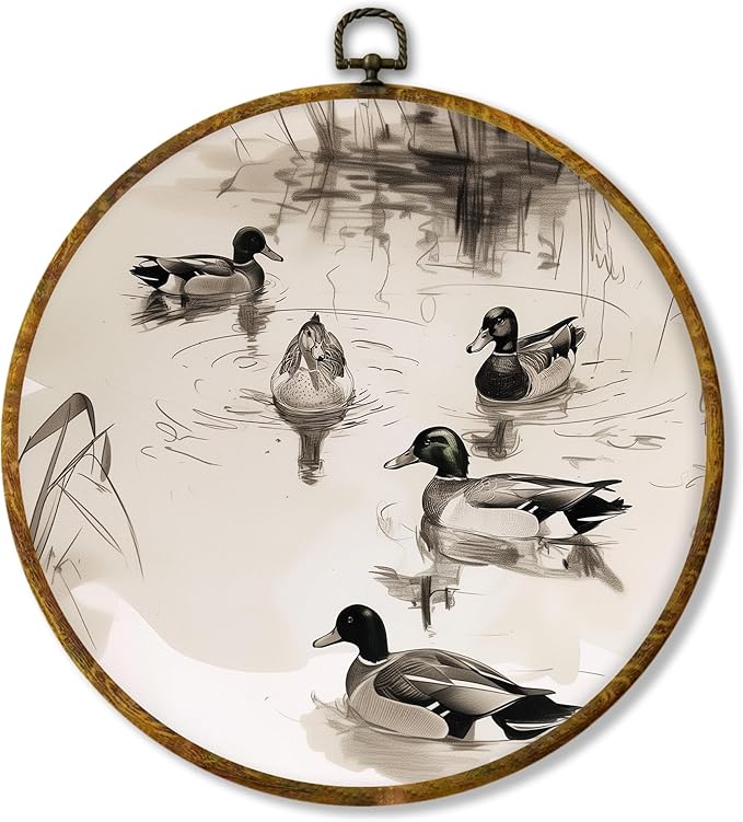 Hiuwevt Vintage Mallard Duck Round Wall Art Decor, Cottagecore Antique Moody Duck Framed Canvas Prints, Rustic Farm Animal Round Wall Hanging Decor for Home Living Room Decorations, 10x10 Inches