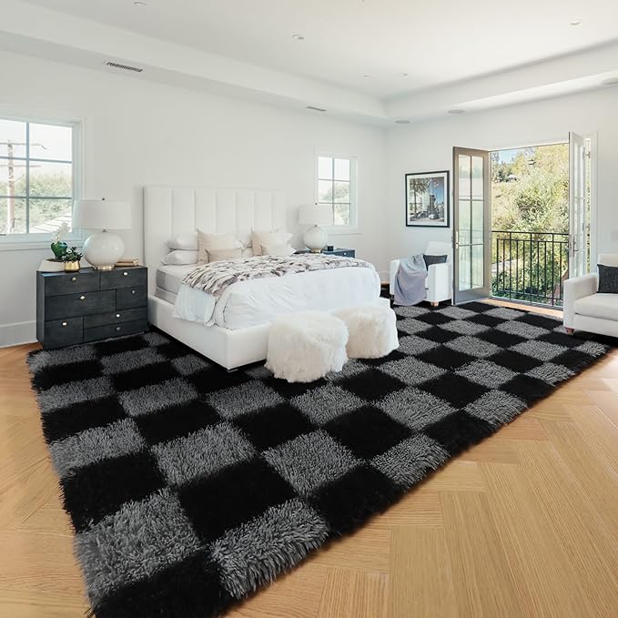 KICMOR 6x9 Area Rugs for Living Room, Large Fluffy Soft Black and Grey Checkered Big Fuzzy Shag Shaggy Bedroom Carpet, Indoor Plush Rug for Kids Boys Girls Room Dorm Nursery Home Decor Aesthetic