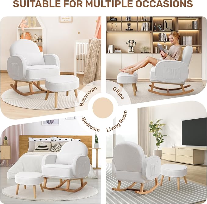 Rocking Chair Nursery with Ottoman, Upholstered Glider Rocker with High Backrest and Side Pocket, Rocking Accent Armchair with Solid Wood Legs for Nursery/Living Room/Bedroom White