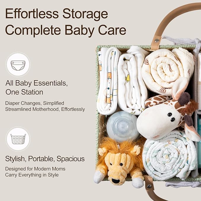 HBlife Large Diaper Caddy Organizer, Portable Paper Rope Woven Basket with Divider, Nursery Diaper Station Organizer, Baby Shower Gifts Basket & Car Organizer, Newborn Essentials