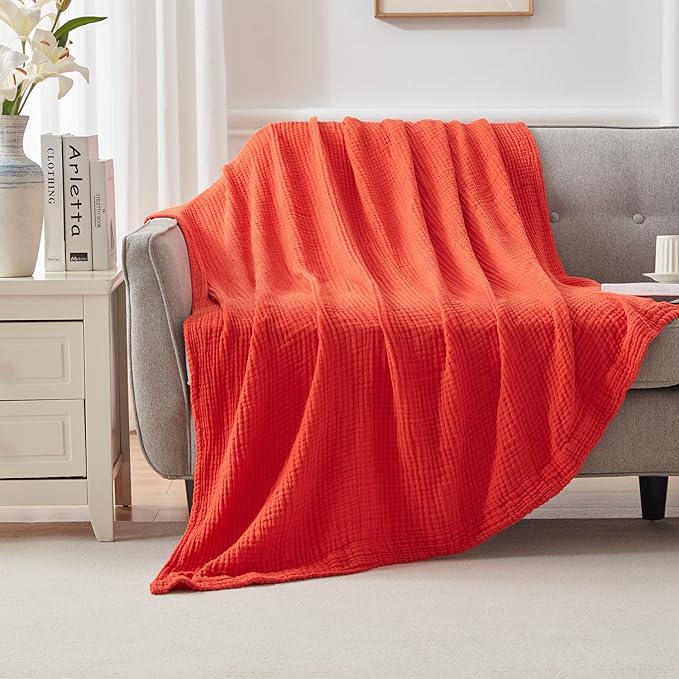 EMME Cotton Twin Blanket - 100% Muslin Soft, Breathable Gauze - All Season, Pre-Washed - Orange Rust, 60"x80"