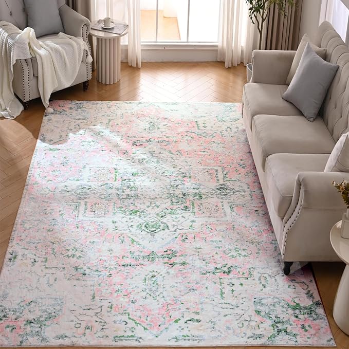 Washable Area Rugs 9x12 for Living Room Pink and Green Non-Slip Soft Floor Carpet Boho Vintage Oriental Accent Throw Rug for Dinning Room Farmhouse