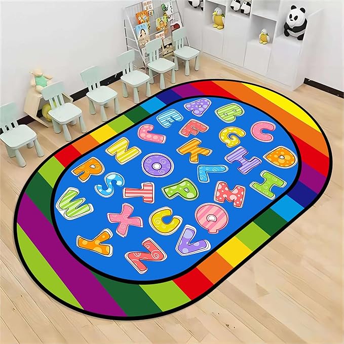 Colorful Cartoon Kid Area Rug, 5x8ft, ABC Alphabet Educational Learning Oval Rug, Rainbow Stripe Border Rug, Non-Slip Indoor Playmat, Children's Gift for Playroom, Bedroom and Nursery