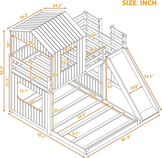 MERITLINE House Bed Bunk Beds with Slide Twin Over Full Size Bunk Bed Frame with Slide,Wooden Playhouse - Design Slide Bunk Beds Twin Over Full Bunk for Boys and Girls