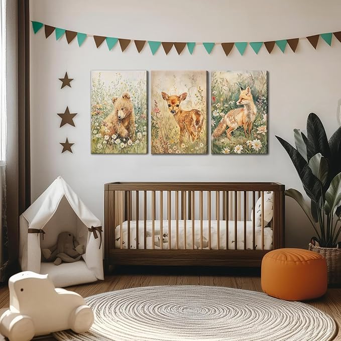 3Pcs Woodland Animal Nursery Canvas Wall Art Forest Animal Nursery Poster Prints Cute Wild Animals Painting Bear Deer Fox Artwork Picture Wall Decor for Boys Girls Room Playroom 12x16in Framed