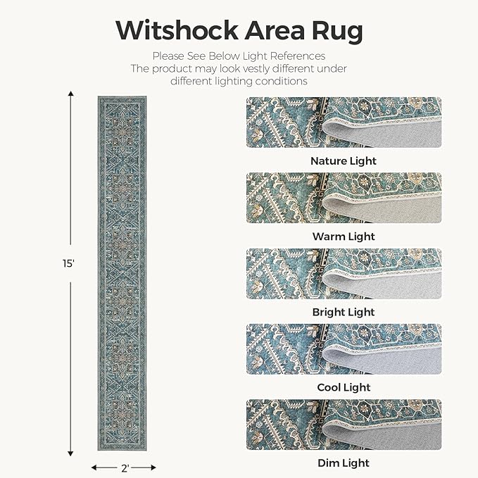 WITSHOCK Extra Long Runner Rug for Hallway 2x15: Washable Vintage Boho Low Pile Stain Resistant Foldable Carpet for Bedroom Entryway Indoor Entrance, Neutral Distressed Farmhouse Home Decor, Teal