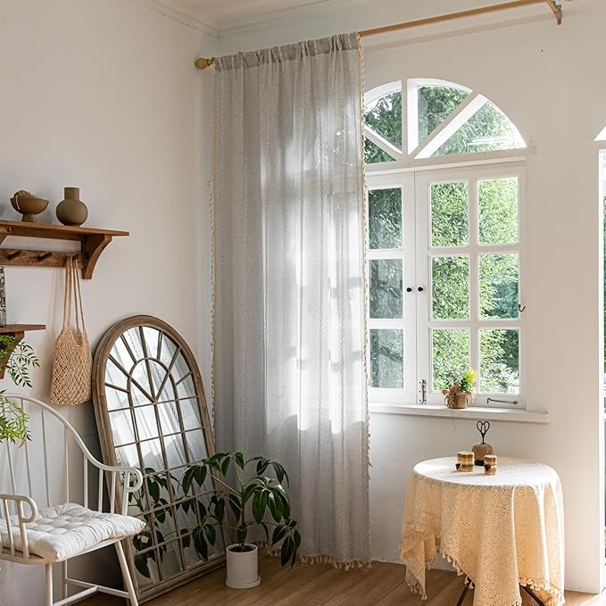 Deeprove Grey Boho Curtains 84 inches Length for Bedroom Living Room, Silver Gray Bohemian 84 inches Long Embroidery Farmhouse Light Filter Privacy Style Tassel Window Treatments, W52 x L84, 1 Panel