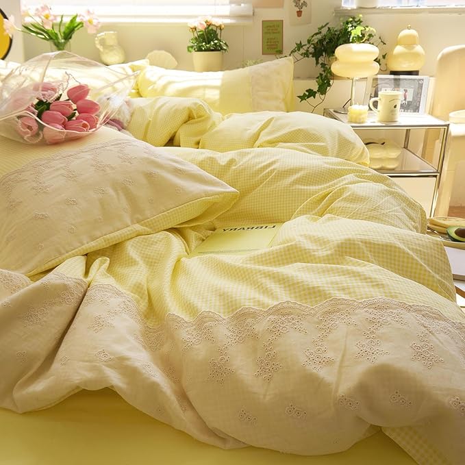 LifeTB Yellow Gingham Duvet Cover Full 3 Pieces Romantic Lace Comforter Cover Soft Microfiber Cream Yellow Grid Duvet Cover Farmhouse Plaid Checkered Comforter Cover Grid Gingham Bedding Set