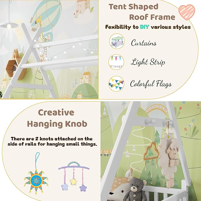 Montessori Bed Full Size with Light and Slats, Wood Teepee Floor Bed for Kids Boys Girls,House Bed Frame with Rails & Roof,No Box Spring Needed, White