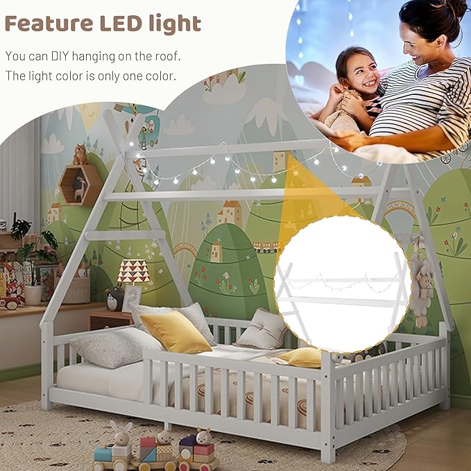 Montessori Bed Full Size with Light and Slats, Wood Teepee Floor Bed for Kids Boys Girls,House Bed Frame with Rails & Roof,No Box Spring Needed, White