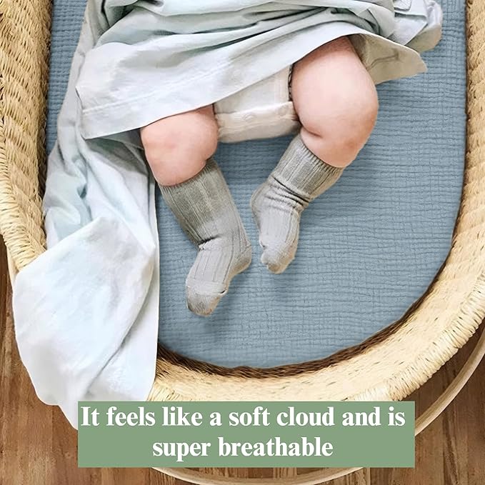 Baby Muslin Bassinet Sheets 3 Pack for Boys & Girls, Soft Breathable Cotton Bassinet Mattress Cover, Universal Fit for Hourglass, Oval, and Rectangle Mattress (Nightfall Blue)