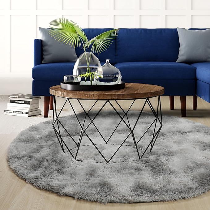 Amdrebio Tie-Dyed Light Grey Round Area Rug 4Ft for Bedroom Living Room, Soft Fluffy Circle Circular Rugs for Kids Room, Home Office Decor, Modern Floor Shag Fuzzy Farmhouse Gray Carpet for Teen Boys