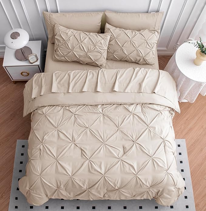 LANE LINEN Twin Comforter Set - 5 Piece Pintuck Twin Bedding Set in A Bag, Pinch Pleat Comforter, Sheets, Pillowcases & Shams - Beige