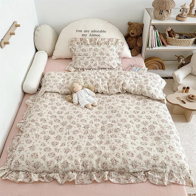 AOJIM Muslin Cotton Duvet Cover with Pink Floral Patterns, 1 Piece Super Soft Bedding Comforter Cover for Girls Women, 2-Layer Gauze Ruffled Edges Duvet Protector 79X90'', Machine Washable, No Quilt