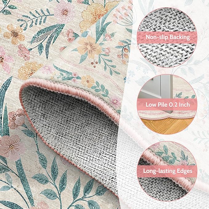 Pink Floral Rug 3X5 for Girls Bedroom or Nursery, Scalloped Washable Non-Slip Area Rug, Cute Soft Boho Carpet for Kids Room, Dorm, or Playroom