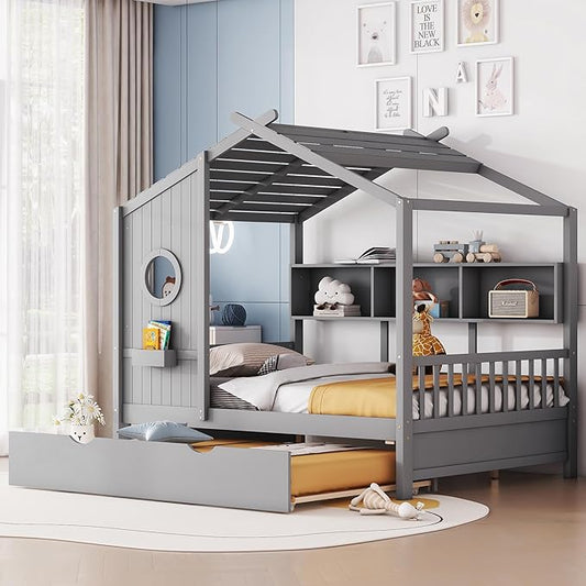 Harper & Bright Designs Full Size Modern House Bed with Roof, Wooden Twin Kids House Bed Frame with Trundle and Storage Shelf, Gray