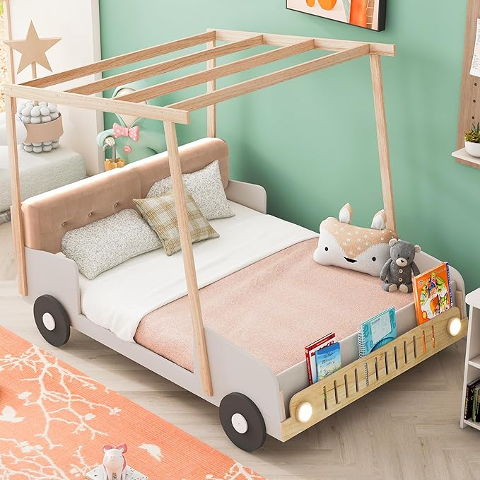 Full Size Car Bed with Ceiling Cloth,Wood Car-Shaped Bed Frame with Pillow and LED Light for Kids Girls Boys, No Box Spring Needed, Natural