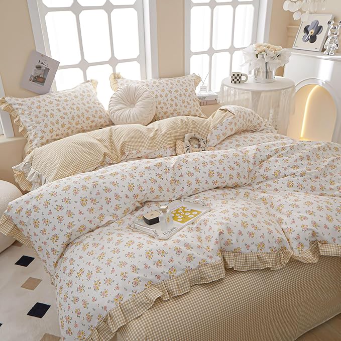 Girls Ruffle Duvet Cover Queen Chic Floral Princess Lace Comforter Cover Soft Breathable 100% Cotton Flower Bedding Set Vintage Botanical Duvet Cover Romantic Ruffle Comforter Cover with 2 Pillowcases
