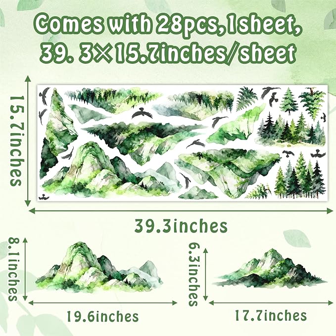 Mountain Tree Wall Stickers Watercolor Mountain Wall Decals Peel and Stick Flying Birds Woodland Green Pine Trees Wall Stickers Forest Mountains Decals for Bedroom Living Room Nursery Decor